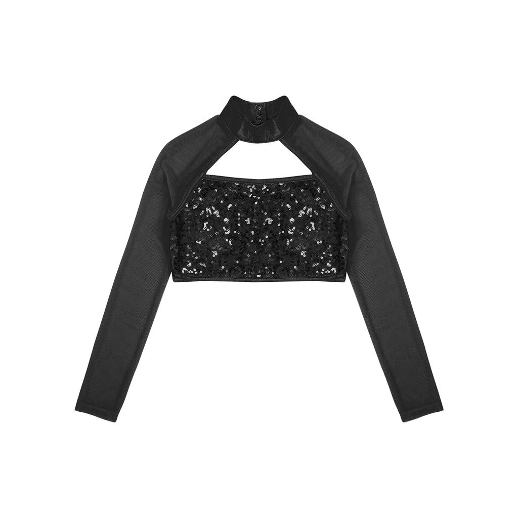 Укороченный топ для танцев для девочек с длинным рукавом, круглым воротом, вырезом на спине, украшенный блестящими пайетками
