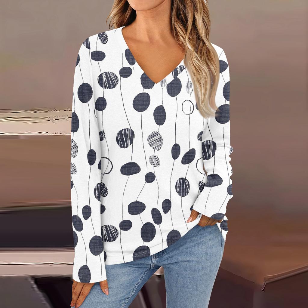 Women's Fashion Casual V Neck Long Sleeve Printed T-Shirt Ladies Top
