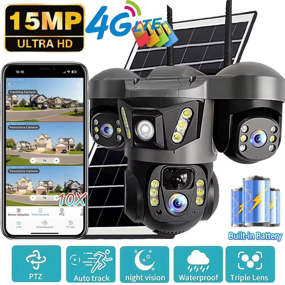 V380 Pro 15MP Солнечная камера с тремя объективами Двусторонняя аудиосвязь Уличная IP66 Водонепроницаемая Встроенная батарея Безопасность CCTV 6K HD 4G Сетевая камера