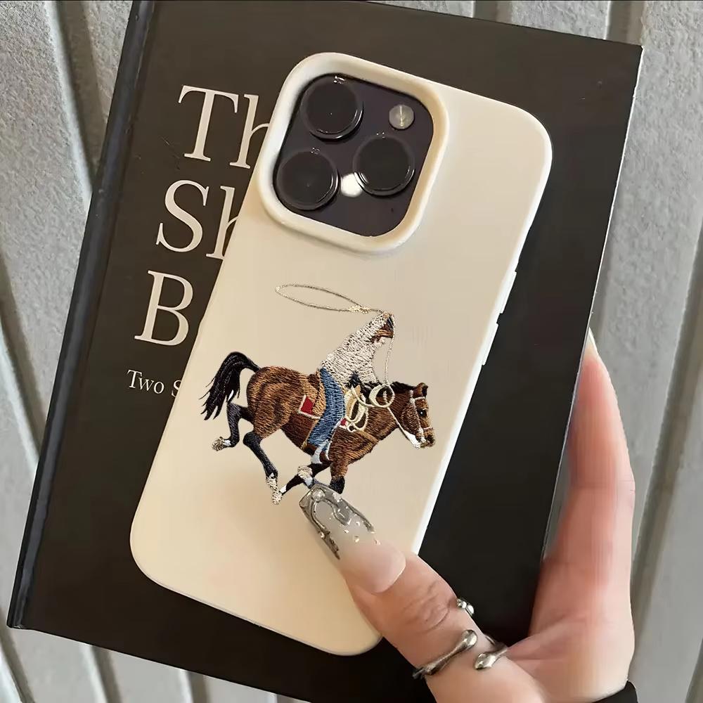 Винтажный чехол с вышивкой ковбоя и лошади для iPhone 17Air 16 15 14 13 12 11 Pro Max Plus Роскошный ретро-чехол из мягкой кожи, противоударный