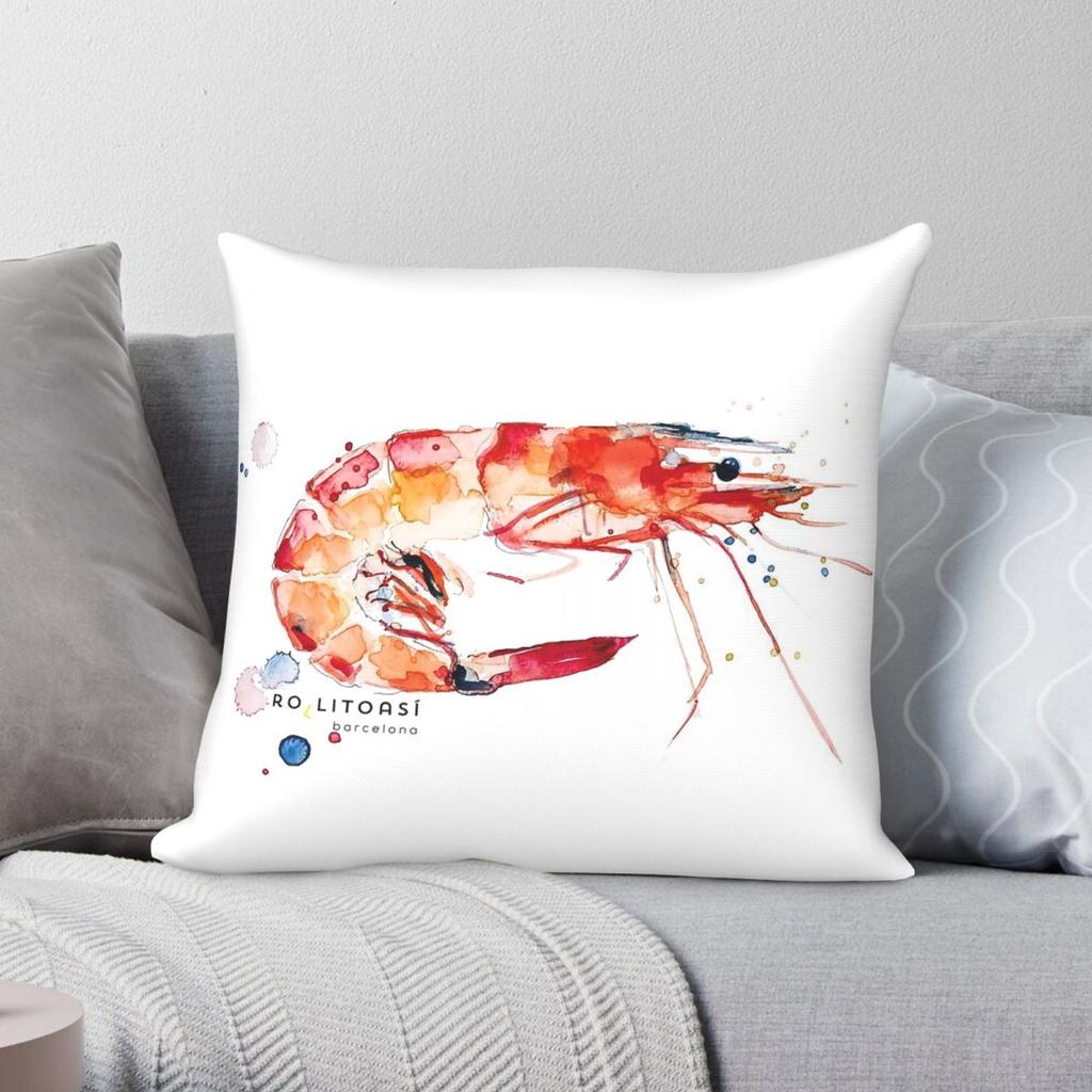 Shrimp Prawn Watercolor Square Pillowcase Polyester Linen Velvet Printed Zip Decor Bed Cushion Cover x
