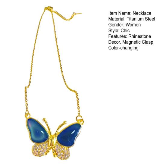 Женское ожерелье, декор стразами, подвеска-бабочка, магнитная застежка, термочувствительное, меняющее цвет, полированная титановая сталь, регулируемое