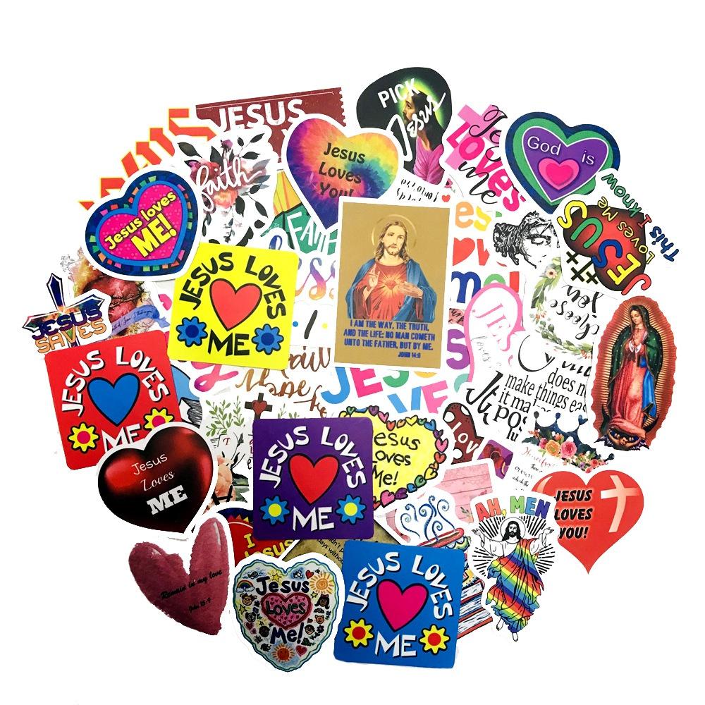 50pcs Catholic God Jesus Loves Me Art Style Stickers for Mobile Phone Laptop Luggage Guitar Case Skateboard Decals Stickers