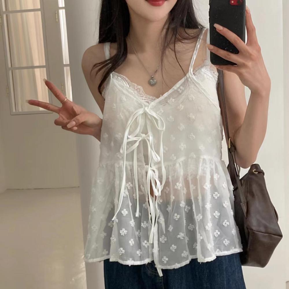 French Lace Sling Elegant Mesh Tops Women Summer Fashion Stacked Design Loose Gauze Tanks Korea Vintage Outwear Camis 2024 New