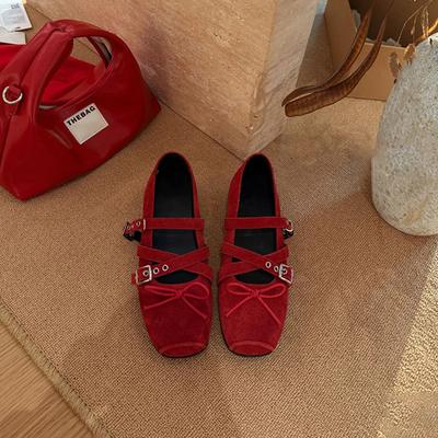 Красивые балетки с перекрестной застежкой, женские туфли Мэри Джейн с бантом, матовые с мелким вырезом, квадратным носком, одинарные туфли