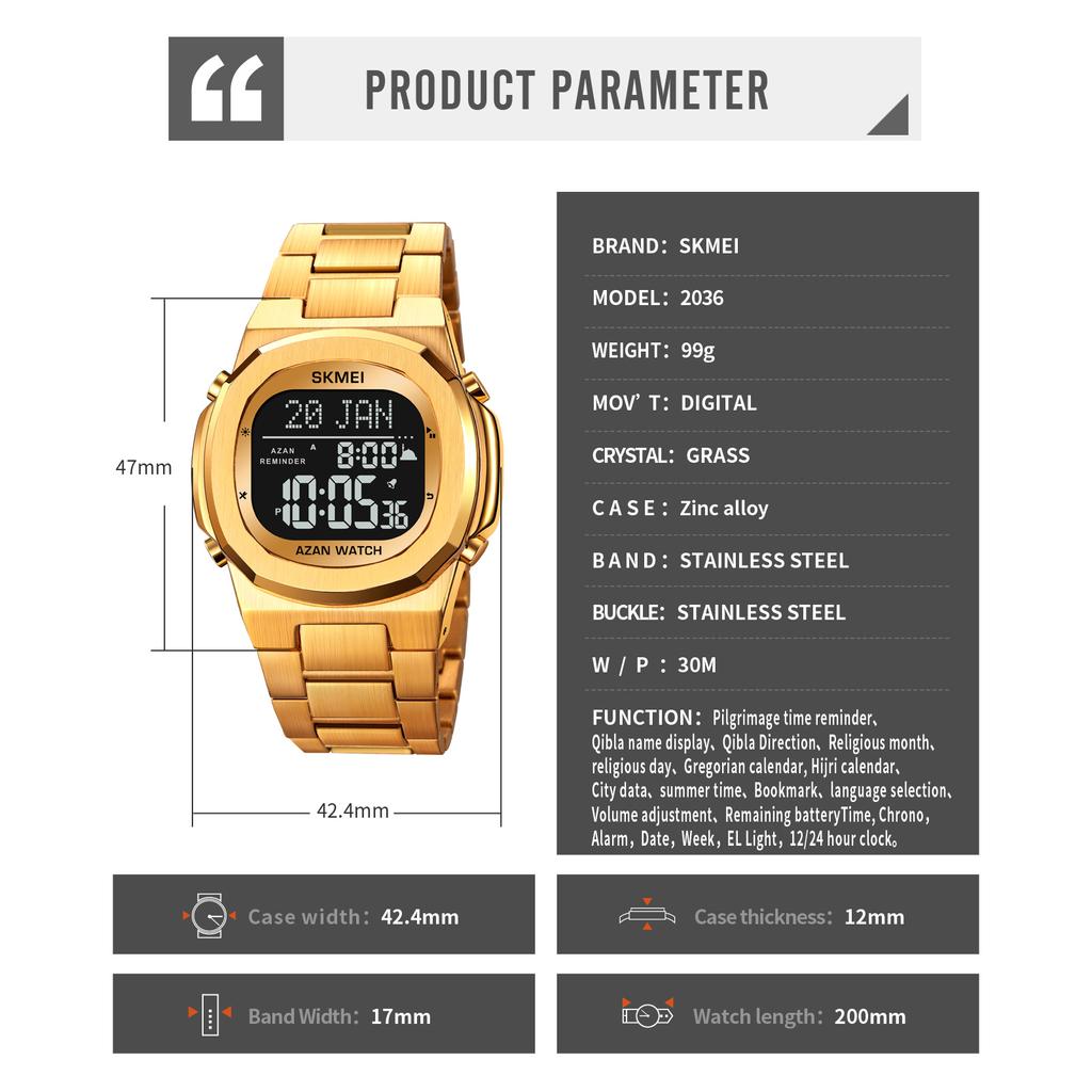 Skmei Роскошные мусульманские цифровые часы Azan из нержавеющей стали для мужчин с молитвой, компасом Qibla, азаном, будильником, хиджрой, исламские наручные часы