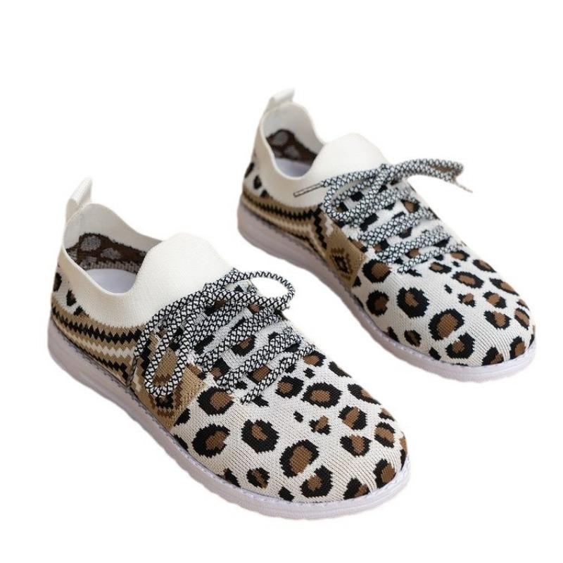 Flying Woven Casual Women's Shoes Spring New Flat-bottomed Round Head Lace-up Leopard Print Single Shoes