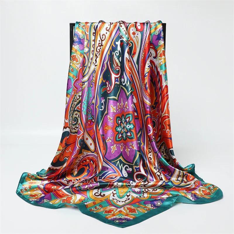 New Spring/Summer Orange Imitation Silk Neckerchief Outdoor Decoration Wraps for Women 90*90cm Cashew Print Square Scarf