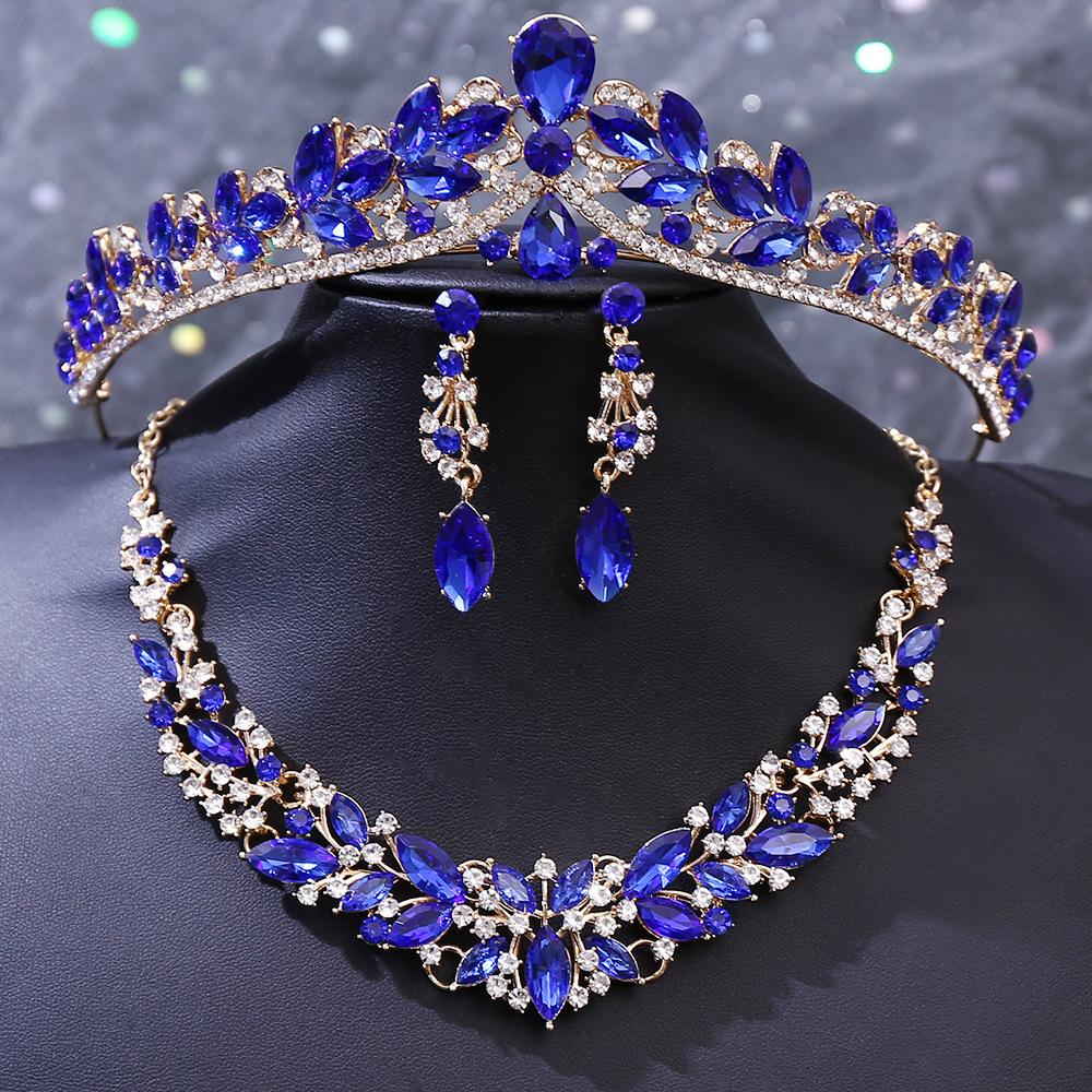 DIEZI 5 Colors Luxury Crystal Tiara Necklace Earrings For Women Wedding Party Elegant Bridal Bride Rhinestone Crown Accessories