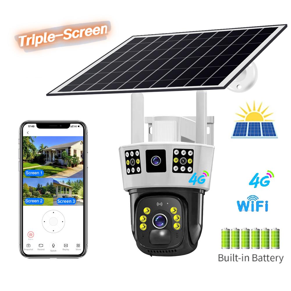 Triple-Screen Solar-Powered Surveillance Camera: 360° Outdoor Day-Night Full-Color Remote Wireless 4G/Wifi Camera Three-screen Surveillance