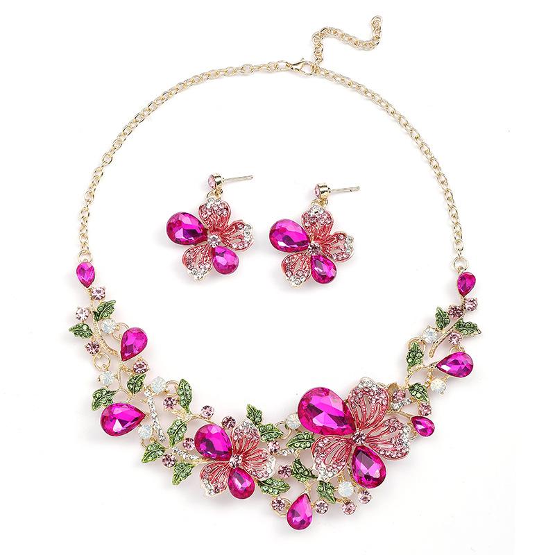 Necklace Earrings Two-Piece Set Colorful Flower Bride Retro High-End Design Sense Multi-Color Optional