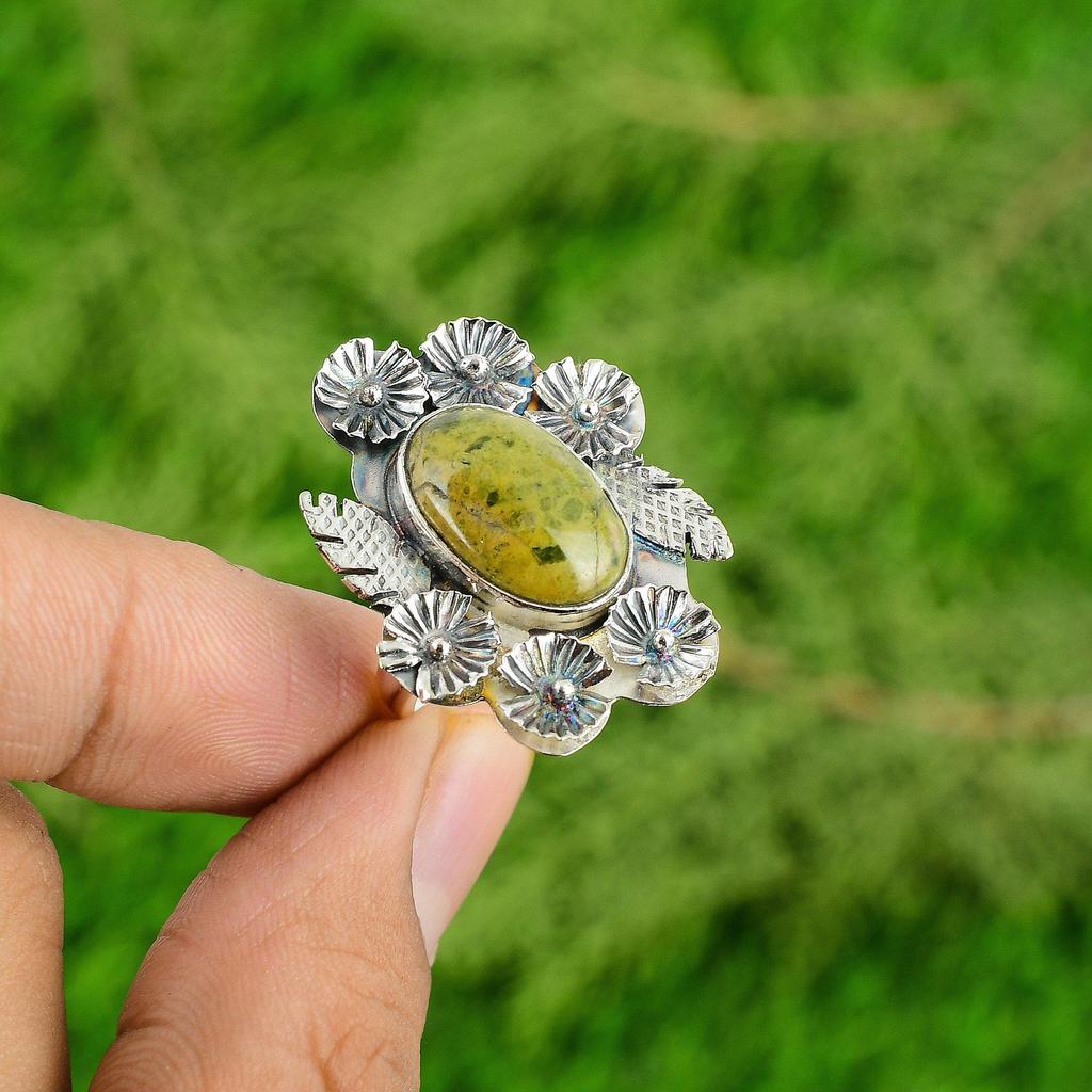Natural Stichtite Gemstone Statement Flower Adjustable Ring 925 Silver For Women