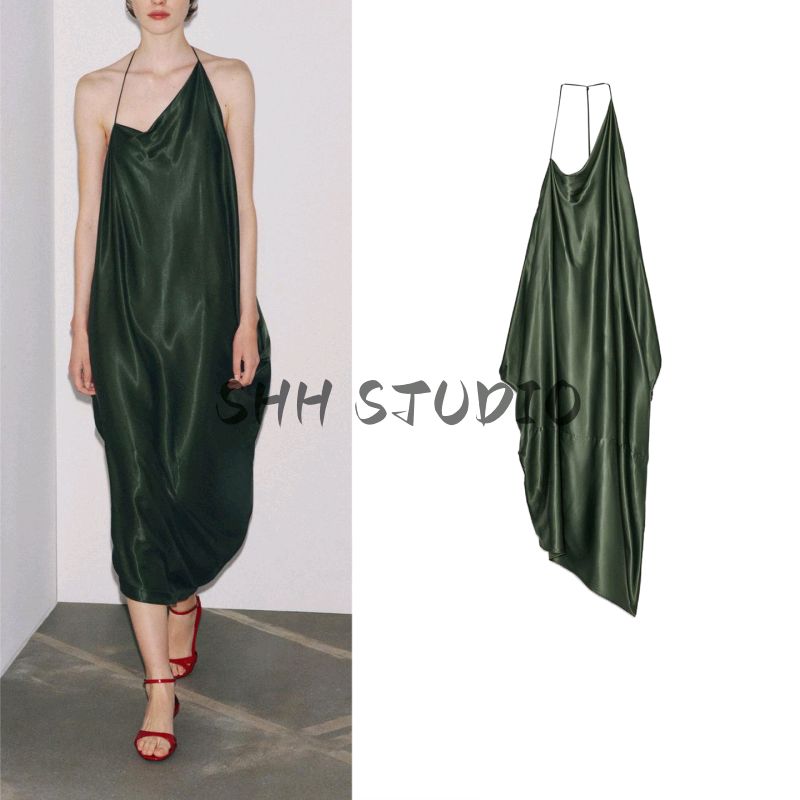Summer New Product Women's Clothes Sexy Open Back Halter Spaghetti Straps Asymmetric Silk Satin Texture Dress 8073126