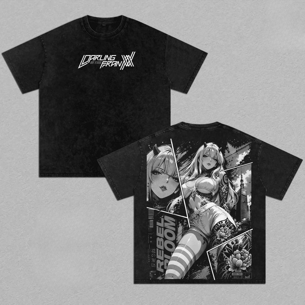 Darling in The Franxx Zero Two Graphic T Shirt Front Back Streetwear Anime Vintage Washed Short Sleeve Crew Neck Unisex Manga Oversized Tops Tees