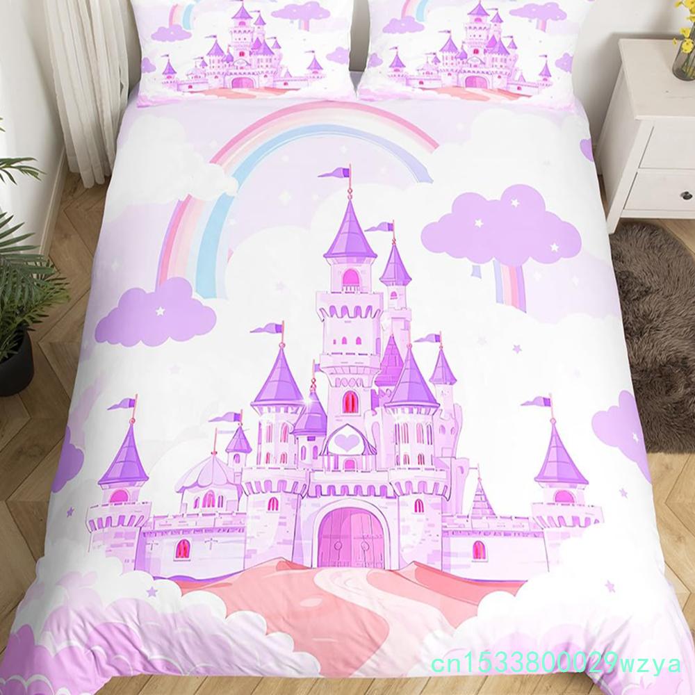 Пододеяльник с изображением радужного замка King Queen Kids Girls Cartoon Girly Комплект постельного белья Princess Castle, пододеяльник для спальни, покрывало