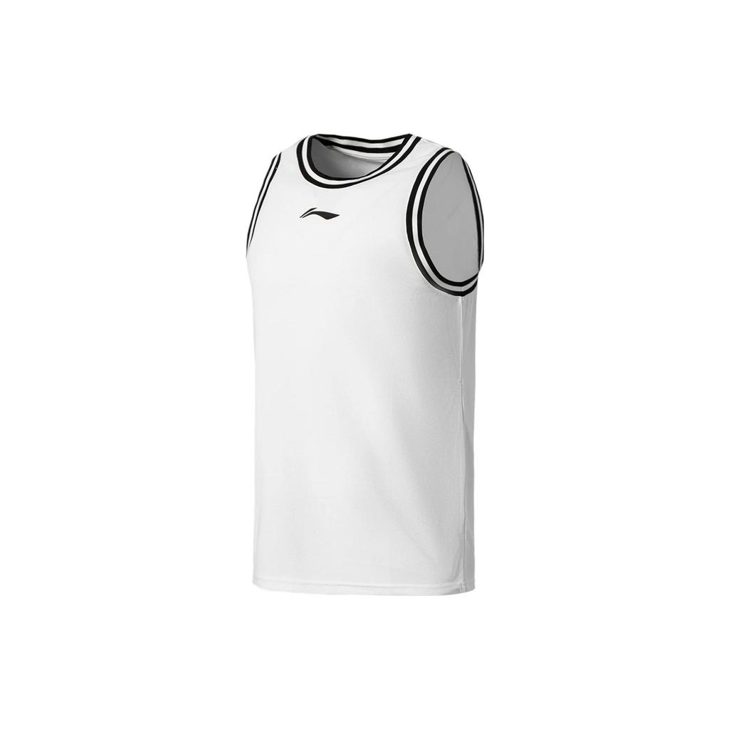 Li Ning Sports Basketball Series Logo Print Striped Round Neck Slim Shorts Set Men Sportswear White AATS003-4