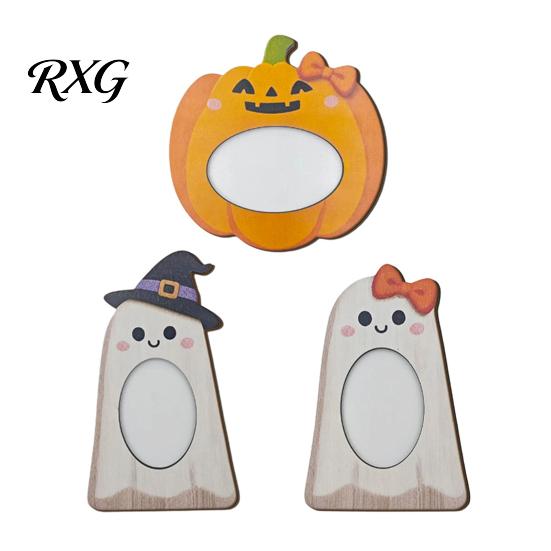 Ghost Theme Home Ornament Halloween Wooden Photo Frame, Pumpkin/Ghost Picture Frame for Wall Rustic Wood Holiday Gift Hanging or Desktop Display,