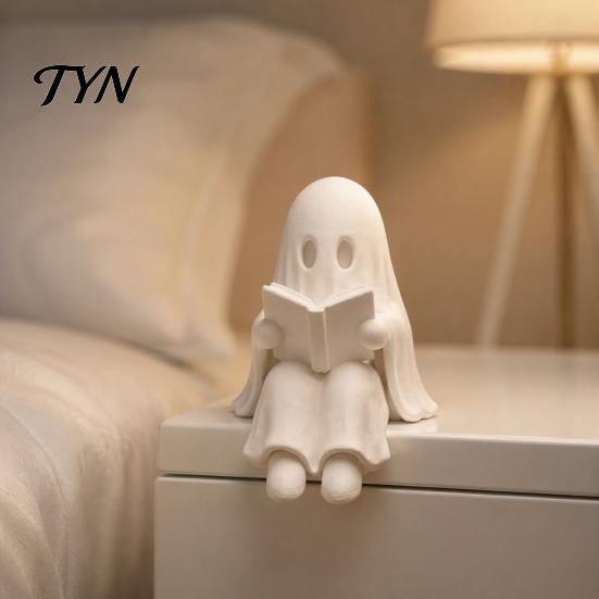 Small Ghost Statue for Edge Reading Book Halloween Decoration, 3D Printed Shelf Sitter Statue, Miniature Cute Spooky Sitting Figurine Bookshelf,