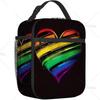 Радужный флаг Сердце на черном фоне Портативная сумка для обеда для женщин и мужчин Изолированная многоразовая коробка для работы в офисе Пикник Пляж