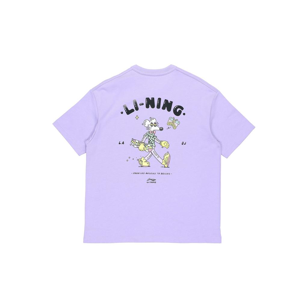 Футболка свободного кроя с круглым вырезом Li Ning X Steven Harrington Collaboration Cartoon Print, мужские топы, фиолетового цвета AHSR937-4