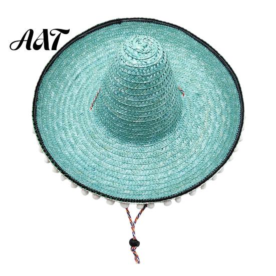Bright Design Hat Mexican Sombrero with Colorful Poms, Hawaiian Style Woven Straw Sun Hat, Wide Brim Lightweight Party Costume for Summer Beach