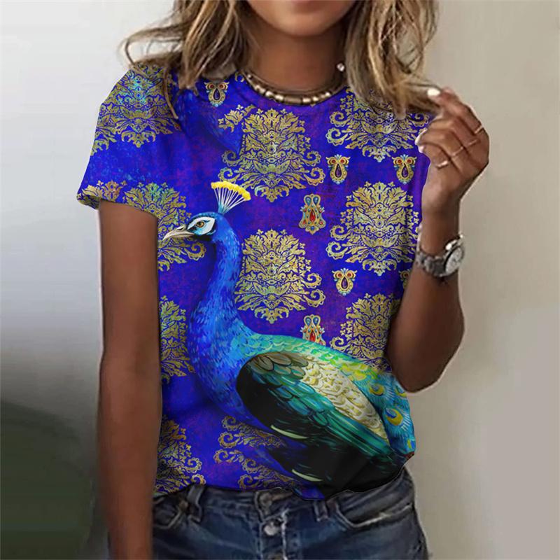 Красивая футболка с узором павлина для женщин, цветочные футболки с 3D-принтом, модные свободные футболки с короткими рукавами и круглым вырезом