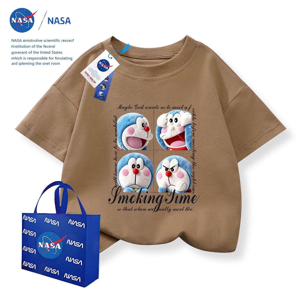 NASA x Doraemon Kids Cotton Round Neck T-Shirt with Embroidery Print, Short Sleeve