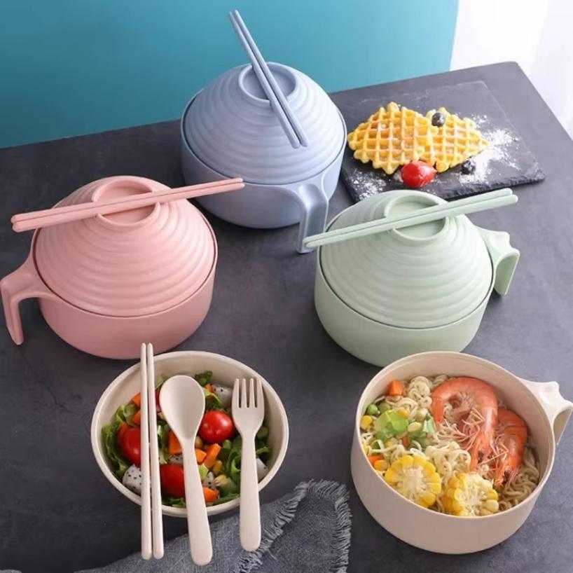 1 Pcs Eco-Friendly Wheat Straw Ramen Bowl Set Student Dorm Microwave Instant Bowl Home Dinnerware With Lid Handle Salad Bowls