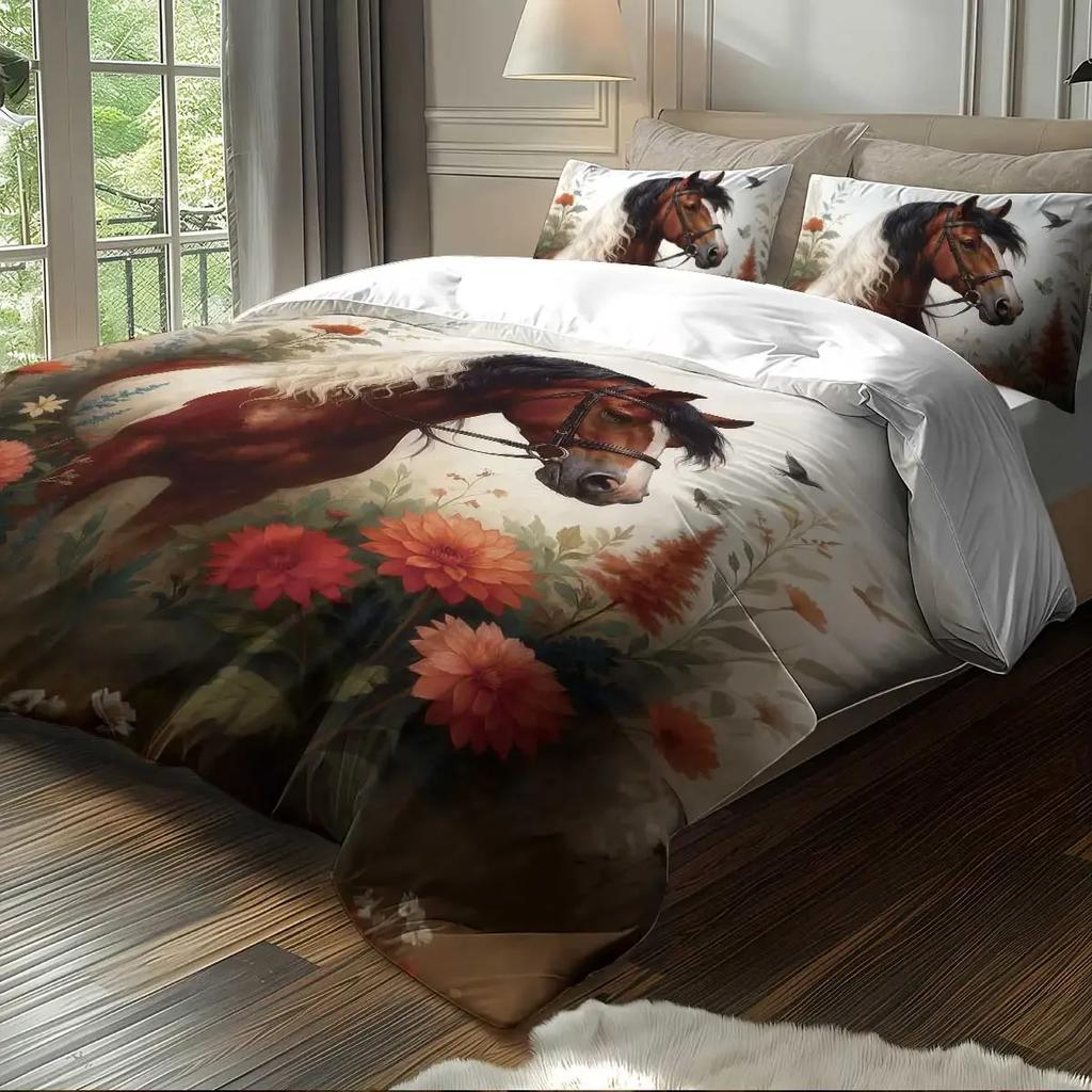 3Pcs Horse Pattern Bedding Set, Suitable For Teenagers And Adult'S Bedroom, 1*Quilt Cover+2*Pillowcase, For Single Bed