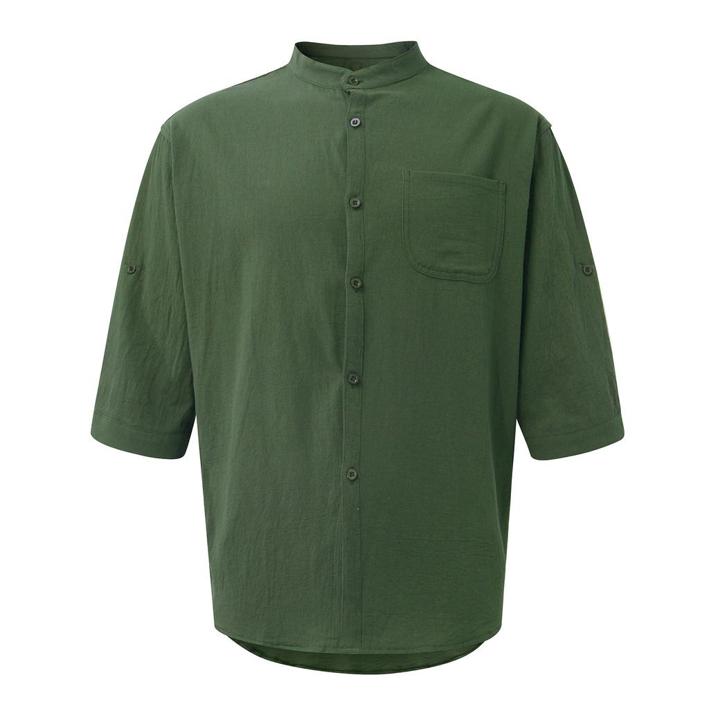 Мужская летняя рубашка с воротником-стойкой и пятью точками со средними рукавами, свободный однотонный топ из хлопка и льна