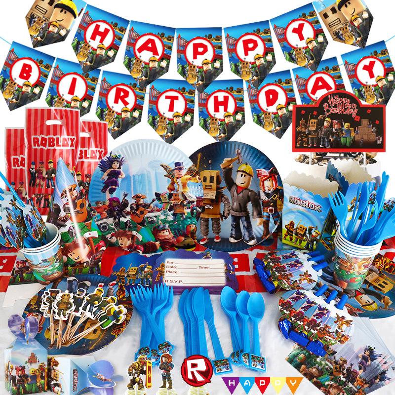 Roblox Game Party Supplies: Virtual World Plates, Cups, Hats Set