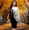 Long Sleeve Waist Tight Office Slim Fit Subshrubby Peony Flower Printing Elegant Bodycon Dress