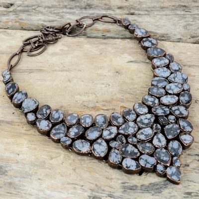 Грубое ожерелье из снежинки из обсидиана, медное ожерелье из гальванопластики, регулируемое ожерелье-цепочка, ювелирные изделия ручной работы, подарок на помолвку, ожерелье из драгоценных камней