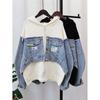 FiveFive Denim Patchwork Cardigan Coat Women Long Sleeve Hooded Loose Letter Patch Sweater Jacket Autumn Winter