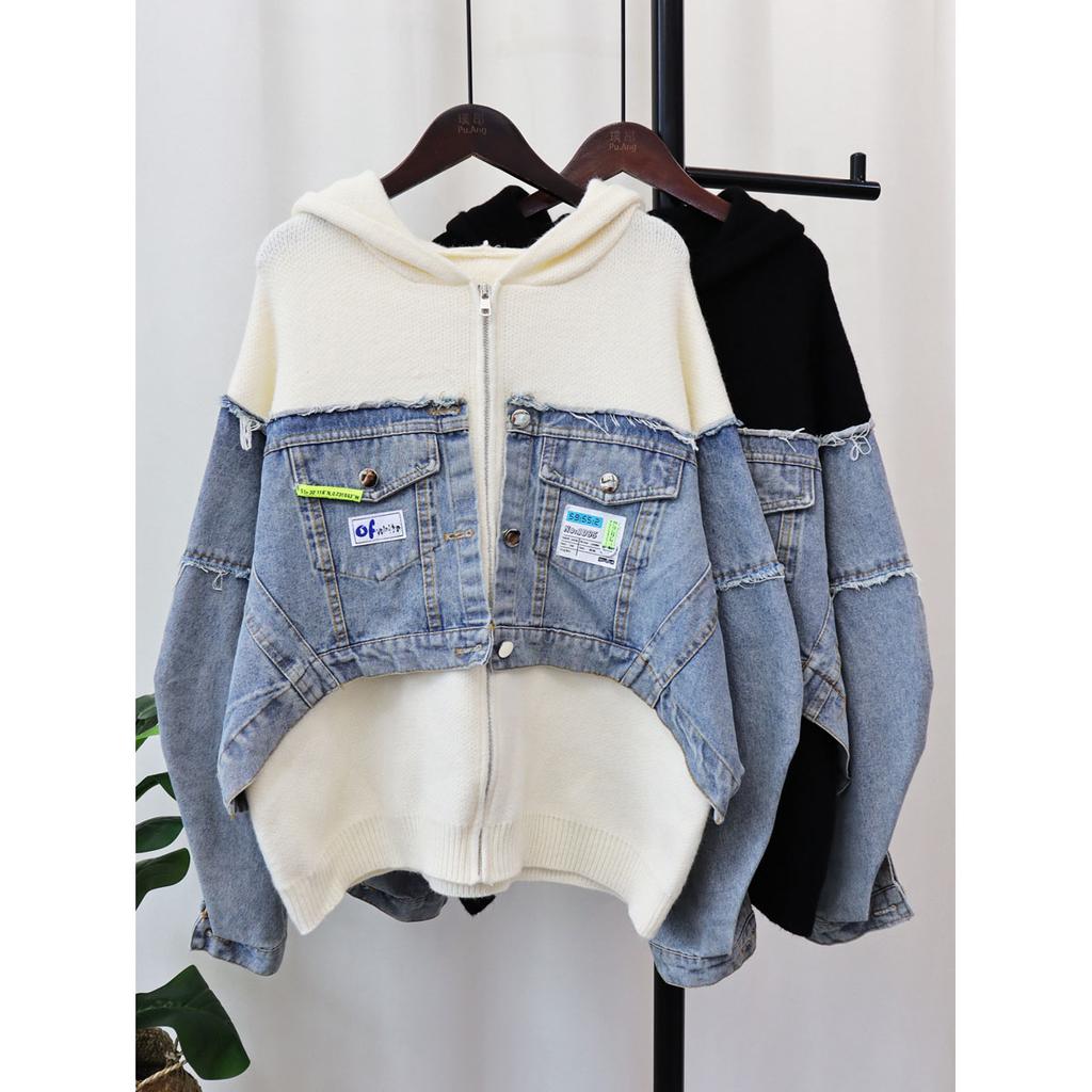 FiveFive Denim Patchwork Cardigan Coat Women Long Sleeve Hooded Loose Letter Patch Sweater Jacket Autumn Winter