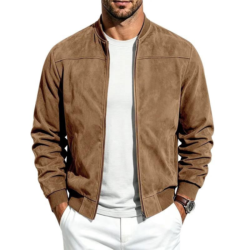 Men S Suede Jacket Casual Baseball Collar Zip Up Retro Flight Jacket
