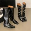 2024 New Square Toe Knee-High Boots Sexy Metal Decor Motorcycle Long Boots Leather Low Block Heel Tall Pull-On Runway Show Shoes