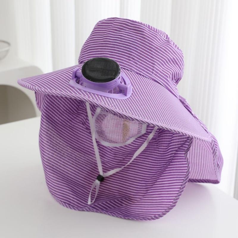 Spring and summer new striped sunscreen cap breathable shawl cap dry farm work tea picking cap solar charging fan sun hat