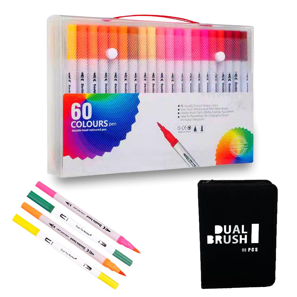 AZNABLE Illustration Color Brush Extra Fine Twin Set Markers, Pens, Water-Based, Quick-Drying, & Pens, 60-Piece
