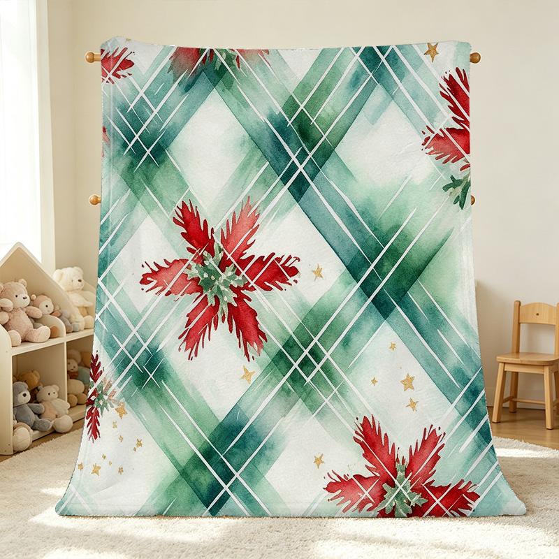 Christmas Theme Thick Flannel Blanket Soft Warm Snowflake Plaid Single Blanket for Home & Guest Room, Festive Cozy Holiday Throw