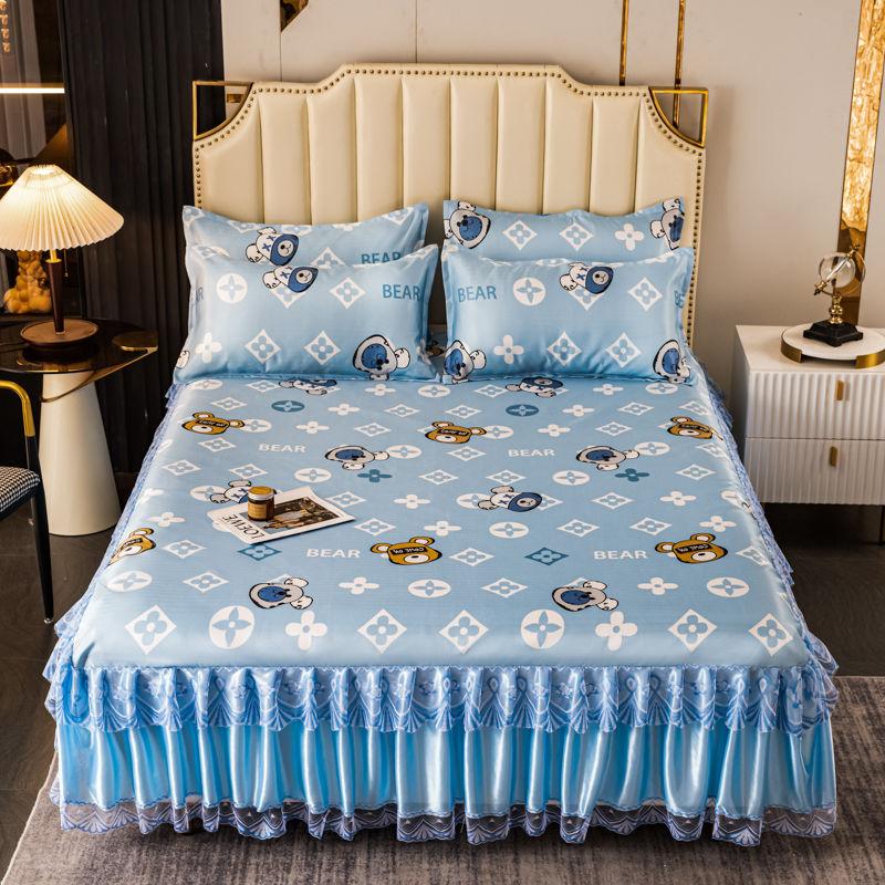 3 шт./лот, комплект двуспальных простыней, классическая кружевная королевская синяя простыня, юбка, можно стирать в машине, свадебное покрывало, наматрасник