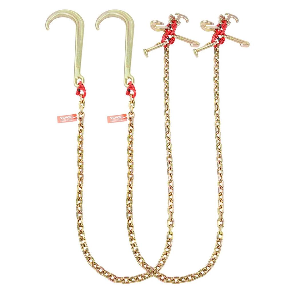 2PCS 5/16"x6' G80 Tow Chain 15" J Hook Long Shank RTJ & Grab Hooks Wrecker