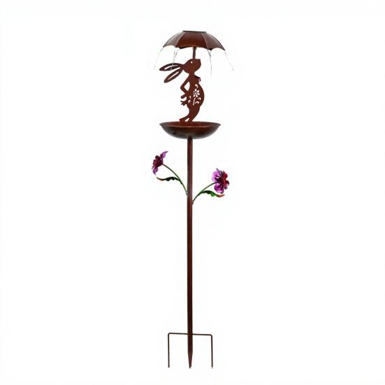 Кормушка для птиц с солнечным светом, декоративная для сада, кованое железо, кролик с зонтиком, кормушка для птиц с антикоррозийным колышком для двора, газона, патио