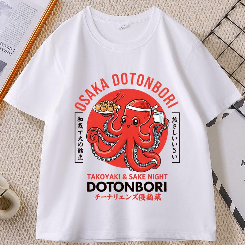 Japanese Street Food T-shirt Osaka Dotonbori Octopus Printed Tshirt Takoyaki Anime Short Sleeve Tees Round Neck Summer Clothes