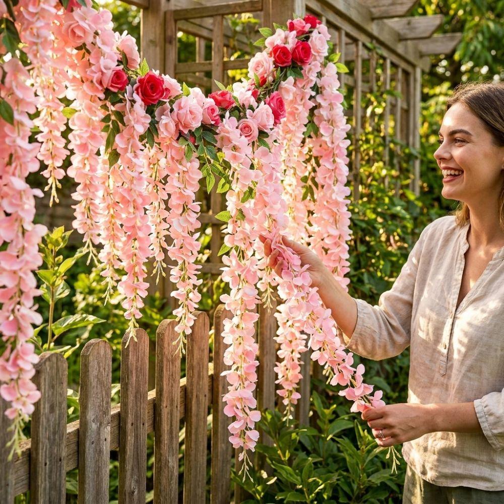 UV Resistant Artificial Rose Flower Garland Dense Flowers Realistic Look Rose Flower Hanging Vine Real Touch Plastic