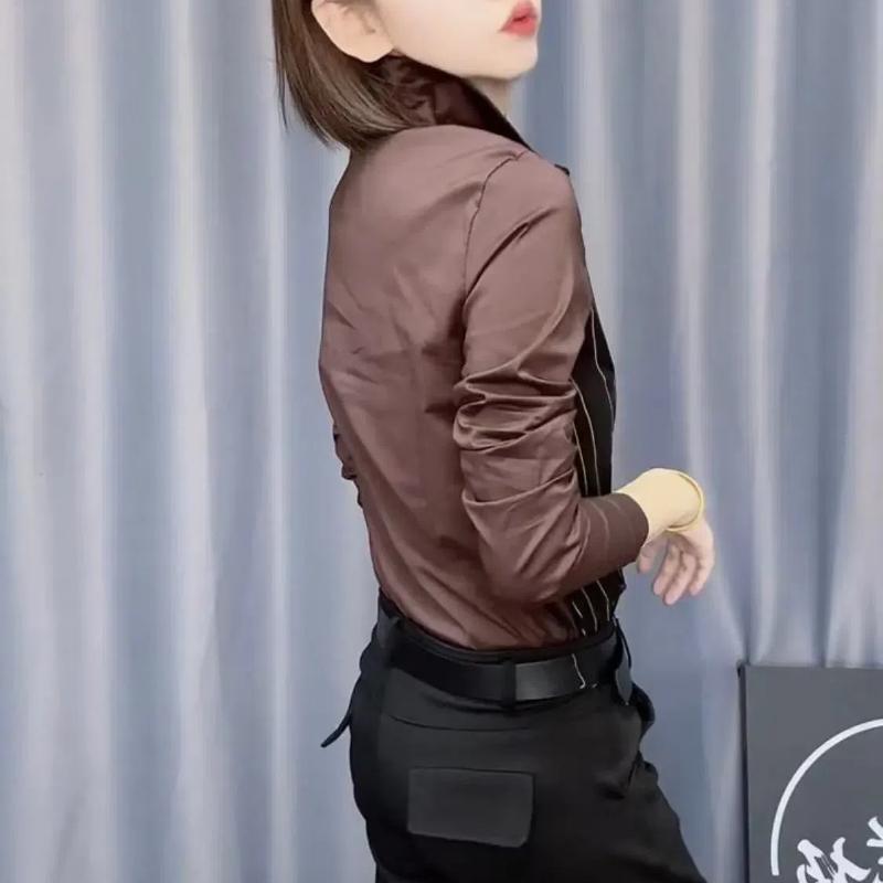 Весна Осень Новая Мода Воротник ПОЛО Длинный Рукав Полосатые Женские Рубашки на Пуговицах Темперамент Тонкие