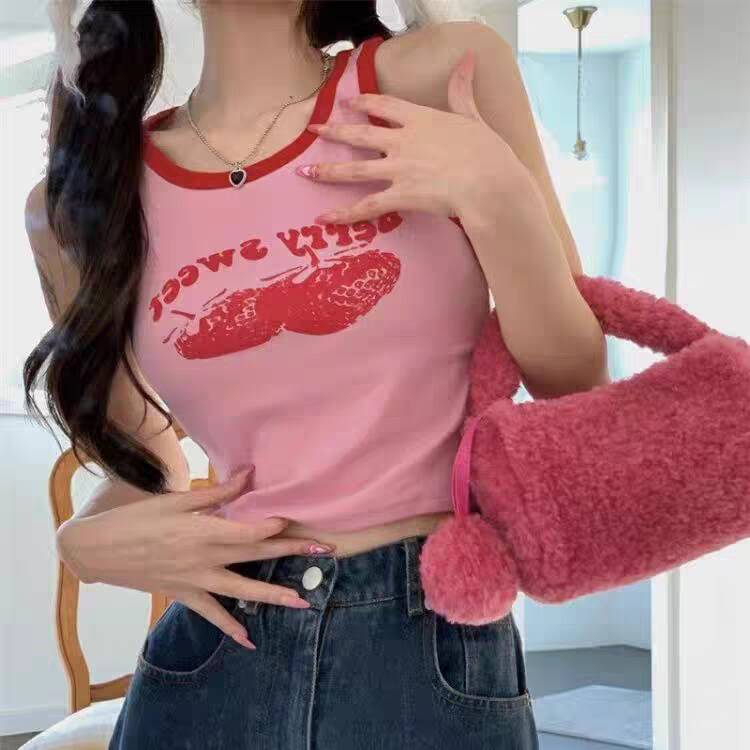 2024 Розовый жилет Y2k с принтом, летний модный винтажный укороченный топ без рукавов с открытыми плечами