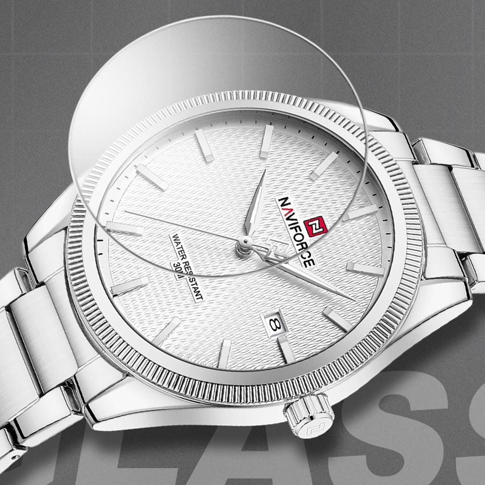 Naviforce Оригинальные простые мужские часы с календарем, кварцевый механизм, люминесцентные стрелки, водонепроницаемость 3 АТМ, ремешок из нержавеющей стали, мужские часы NF9276S