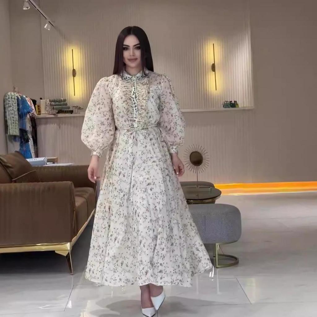 2024 Осень Женская Мода Платье с Цветочным Лацканом и Пышными Рукавами