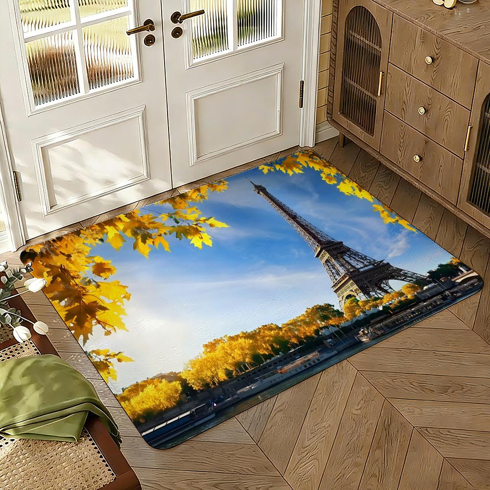 the Eiffel Tower Floor Mat Soft Thickened Absorbent Non-Slip Bedroom Living Room Door Mat Home Decor Flannel Rugs